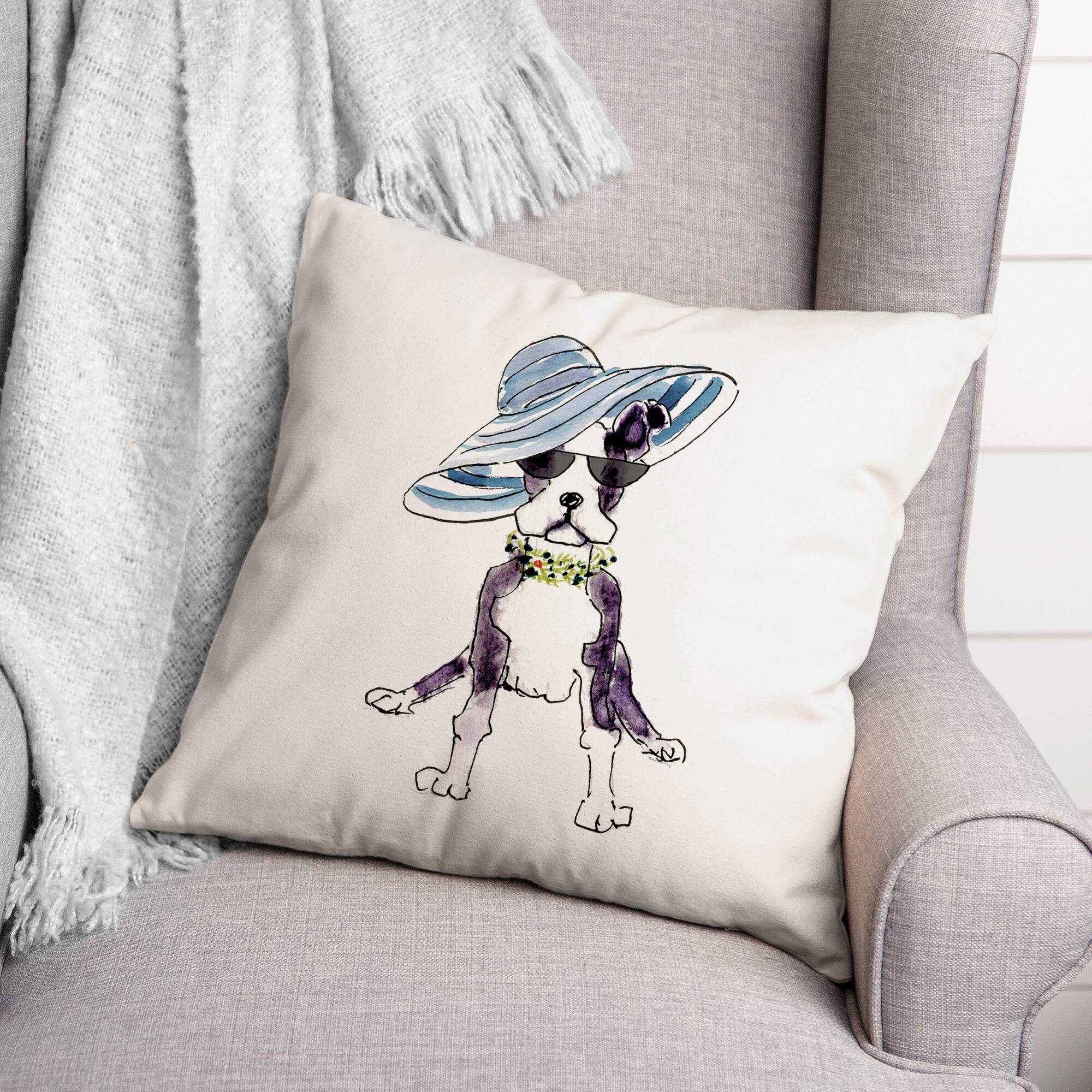 Cute Fashion Hat Dog Sketch 2 Throw Pillow